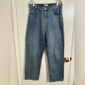 THREE12 Vintage Wash Hook Adjustable Waist Wide Relaxed Leg Denim Jeans EUC